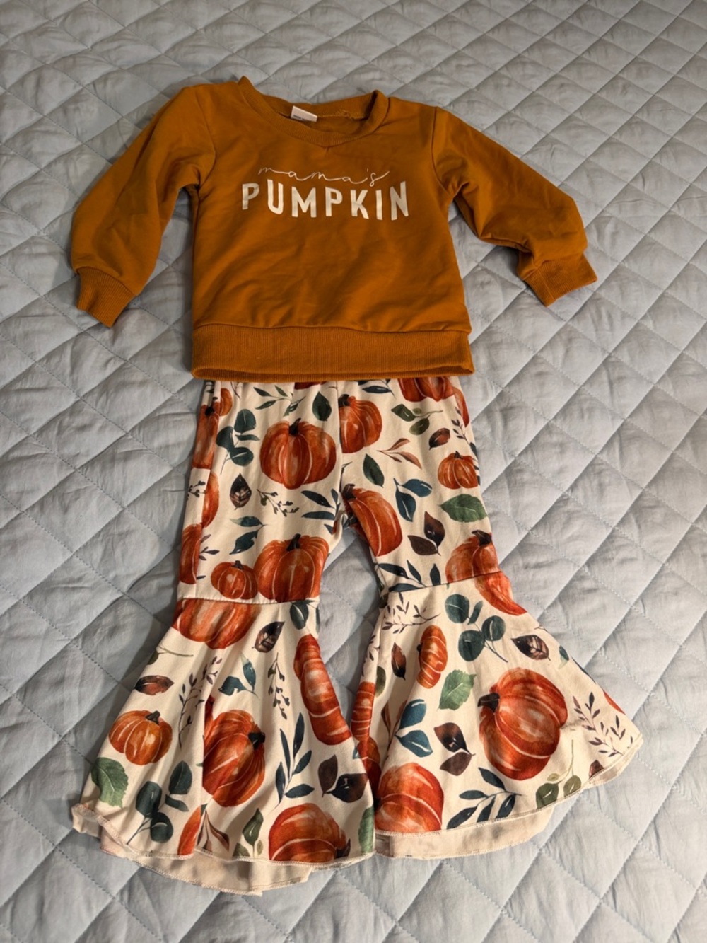 Mama's Pumpkin Kids Matching Set - Rust Top & Pumpkin Print Bell-Bottoms